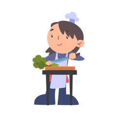 Girl Chef Cutting Greens on Wooden Board, Cute Child Cooker Character Wearing White Hat and Apron Cooking Delicious Food on Kitchen Cartoon Style Vector Illustration