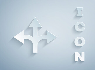 Paper cut Road traffic sign. Signpost icon isolated on grey background. Pointer symbol. Isolated street information sign. Direction sign. Paper art style. Vector Illustration.