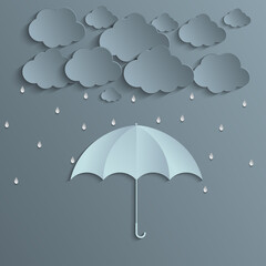 Storms on cloudy designs and raindrops and umbrellas for the rainy season. paper cut and craft style. vector, illustration.