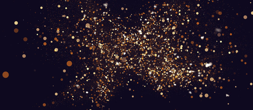 Golden abstract glitter background with bokeh particles. Golden spark texture Christmas abstract with black background. Concept of fire, explosion, new year, party, celebration, and fire work.