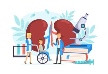 Tiny Doctor Examining Huge Human Kidneys, Doctor Treating Patient in Wheelchair Flat Vector Illustration