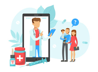 Patients Consultating with Family Male Doctor via Smartphone, Online Doctor Consultation Technology, Flat Vector Illustration