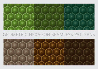 Geometric hexagon shapes seamless patterns. Color earth tone set. Green and brown background. Vector illustration.