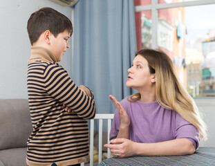 Obraz na płótnie Canvas Offended son and unhappy mom having quarrel in domestic interior