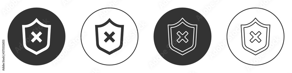 Poster black shield with cross mark icon isolated on white background. shield and rejected. notice of refus