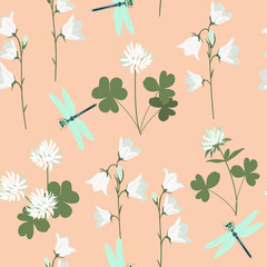 Seamless vector illustration with dragonfly and campanula