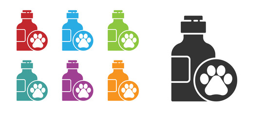 Black Pet shampoo icon isolated on white background. Pets care sign. Dog cleaning symbol. Set icons colorful. Vector.