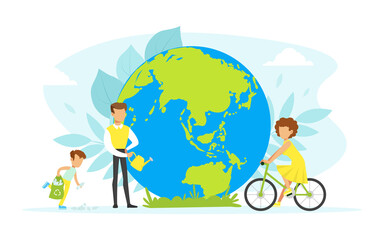 People Taking Care about Planet Ecology, Tiny Characters Cleaning, Watering and Using Eco Friendly Transport, Ecology and Environment Protection Concept Flat Vector Illustration.