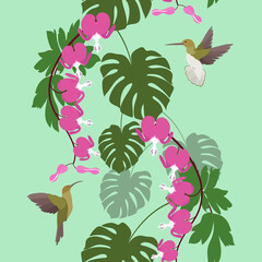 Seamless vector illustration with tropical flowers and a birds