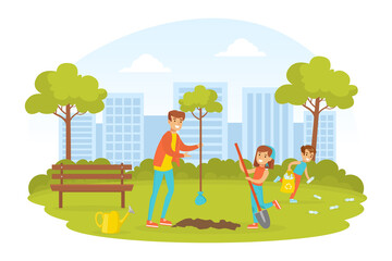 People Taking Care about Ecology, Young Woman and Two Children Planting Trees in Park, Ecology and Environment Protection Concept Flat Vector Illustration