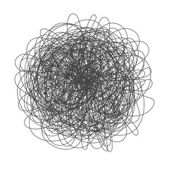 Tangled chaos abstract hand drawn messy scribble ball vector illustration. Random chaotic dynamic scrawl lines. Wild emotion irregular pattern isolated on white background.