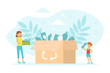 Tiny People Collecting Plastic Garbage into Cardboard Box for Recycling, Ecology and Environment Protection Concept Flat Vector Illustration