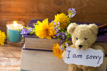 i am sorry message card handwriting with book ,teddy bear and flowers cosmos ,marigold ,purple...