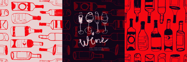 Wine logo with doodle vector seamless pattern bottles silhouettes. Wine estate logo of shop sign, festival design, vintage winery identity. Illustrations for vineyard and grape-themed concept.