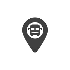 Bus stop location pin vector icon. filled flat sign for mobile concept and web design. Map pointer with bus glyph icon. Symbol, logo illustration. Vector graphics