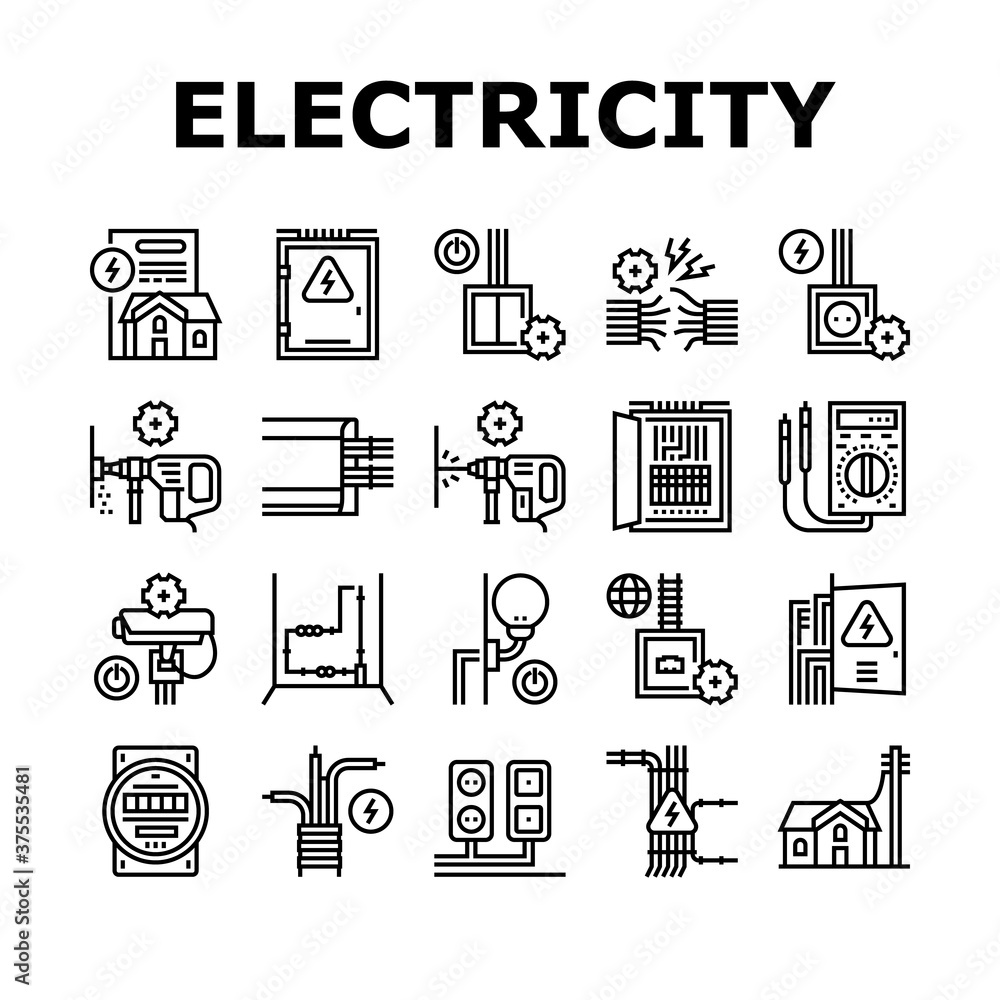 Poster electrical installation tool icons set vector. socket and substation automation box installation, wa