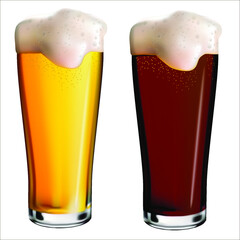 
An isolated image of light and dark beer with foam. Realistic vector illustration of glasses with beer. Holiday Oktoberfest.