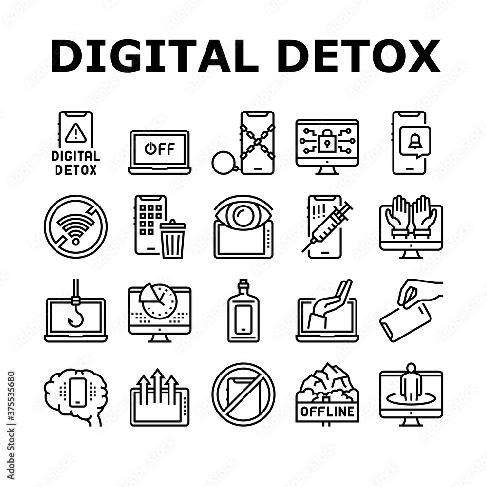 Poster digital device detox collection icons set vector. wifi and smartphone crossed out mark, off screen l