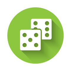 White Game dice icon isolated with long shadow. Casino gambling. Green circle button. Vector.