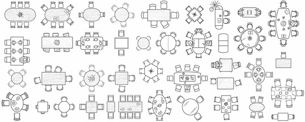 Set of kitchen and office tables for the interior layout of a restaurant, kitchen, apartment or office space. Top view of furniture icons for floor plans. Vector - 375536287