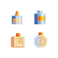 Parfumerie flasks, glass bottle of liquid pixel art 1-bit icon. Design for stamp, logo, sticker, mobile app, website. 8-bit sprite. Isolated vector illustration. 