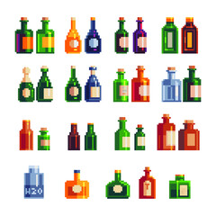 Different bottles and glass jar pixel art 80s style icons set. Plastic bottles with liquid and  alcoholic beverages isolated vector illustration. 8-bit. Design for stickers, logo shop, mobile app.