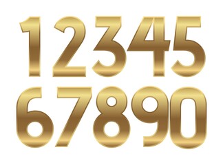Gold numbers. Metal golden fashion alphabet. Vector realistic 123 text illustrations