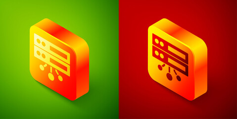 Isometric Server, Data, Web Hosting icon isolated on green and red background. Square button. Vector.