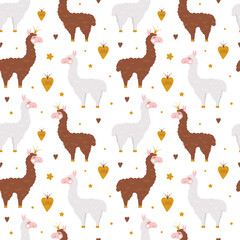 Seamless pattern with llama and hand drawn elements.