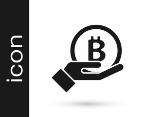 Black Hand holding Bitcoin icon isolated on white background. Blockchain technology, digital money market, cryptocoin wallet. Vector.
