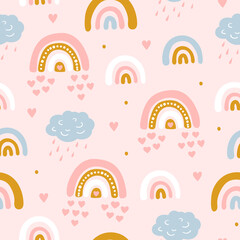 Seamless pattern with cloud and rainbow in the sky.  Creative kids hand drawn texture for fabric, wrapping, textile, wallpaper, apparel. Vector illustration