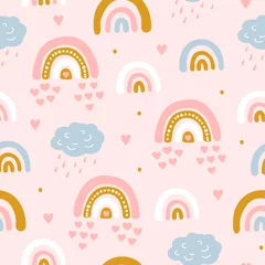 Tapeten Nahtloses Muster mit Wolken und Regenbogen am Himmel. Kreative Kinder handgezeichnete Textur für Stoff, Verpackung, Textil, Tapete, Bekleidung. Vektor-Illustration © Кристина Тутанова