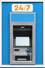 ATM machine, photo of one object in detail as a background, blue color