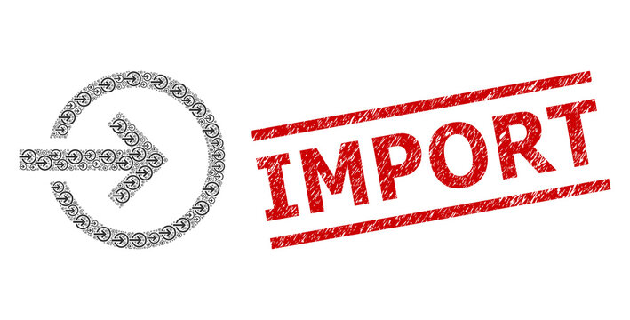Fractal collage import and Import grunge stamp print. Vector collage is formed with randomized import parts. Stamp seal includes Import title between parallel lines.