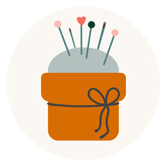 Vector illustration of sewing needles and pins in pincushion. Emblem in a circle in nice natural colors in flat style. It can be used as icon or design element for needlework site, blogs