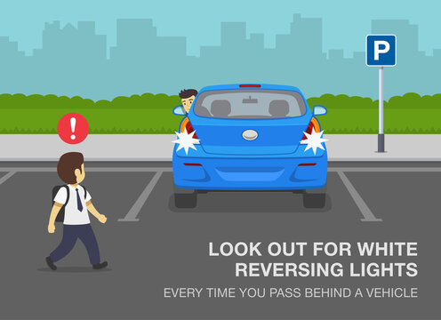 Pedestrian Safety Rules. School Kid Is Passing Behind A Reversing Blue Car. Look Out For White Reversing Lights Every Time You Pass Behind A Vehicle. Flat Vector Illustration Template.