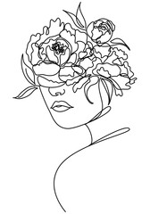 Beautiful woman face with peony flower drawing of continuous line,
