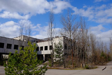 An abandoned restaurant in Pripyat. Ruins of a building in a city contaminated with radiation.