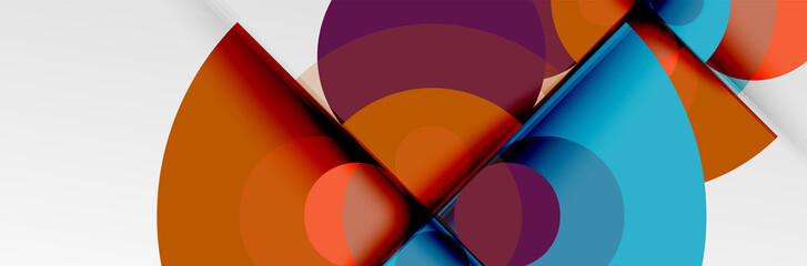 Bright color circles, abstract round shapes and triangles composition with shadow effects. Vector modern geometric design template