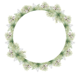 Watercolor Christmas borders with branches, berries and cotton hand drawn illustration isolated