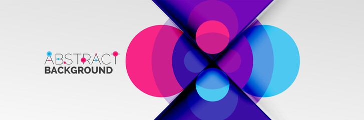 Bright color circles, abstract round shapes and triangles composition with shadow effects. Vector modern geometric design template