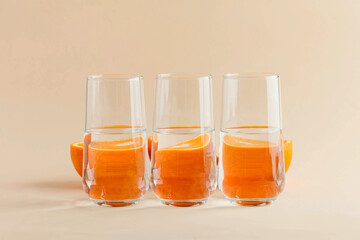Oranges for glasses of water. Distorted image of water. Art concept, trending photo. Minimalism. Copy space.