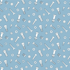 Seamless pattern of fasteners. Bolts, screws and nuts in doodle style. Hand drawn building material. Color vector illustration