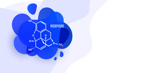 Morphine chemical formula, opium alkaloid with blue liquid fluid shapes on white background
