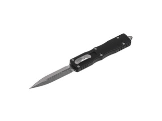 Switchblade (automatic) out-the-front (OTF) knife with black handle and black tactical blade (double edge). Pocket penknife with retractable blade
