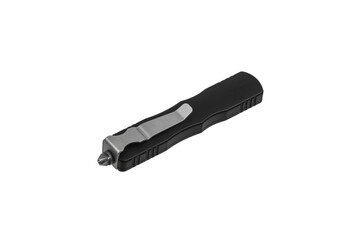 Switchblade (automatic) out-the-front (OTF) knife with black handle and black tactical blade...