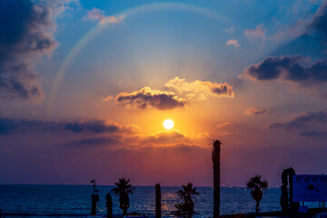 Beautiful summer sunset on the Mediterranean Sea. Israel. August. Abnormal heat
