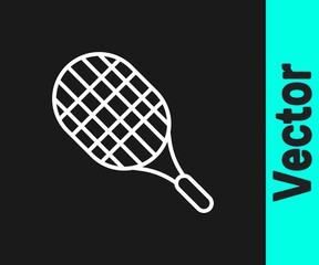 White line Tennis racket icon isolated on black background. Sport equipment. Vector Illustration.