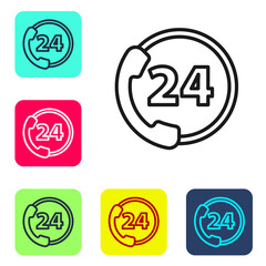 Black line Telephone 24 hours support icon isolated on white background. All-day customer support call-center. Full time call services. Set icons in color square buttons. Vector Illustration.