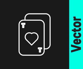 White line Playing cards icon isolated on black background. Casino gambling. Vector Illustration.